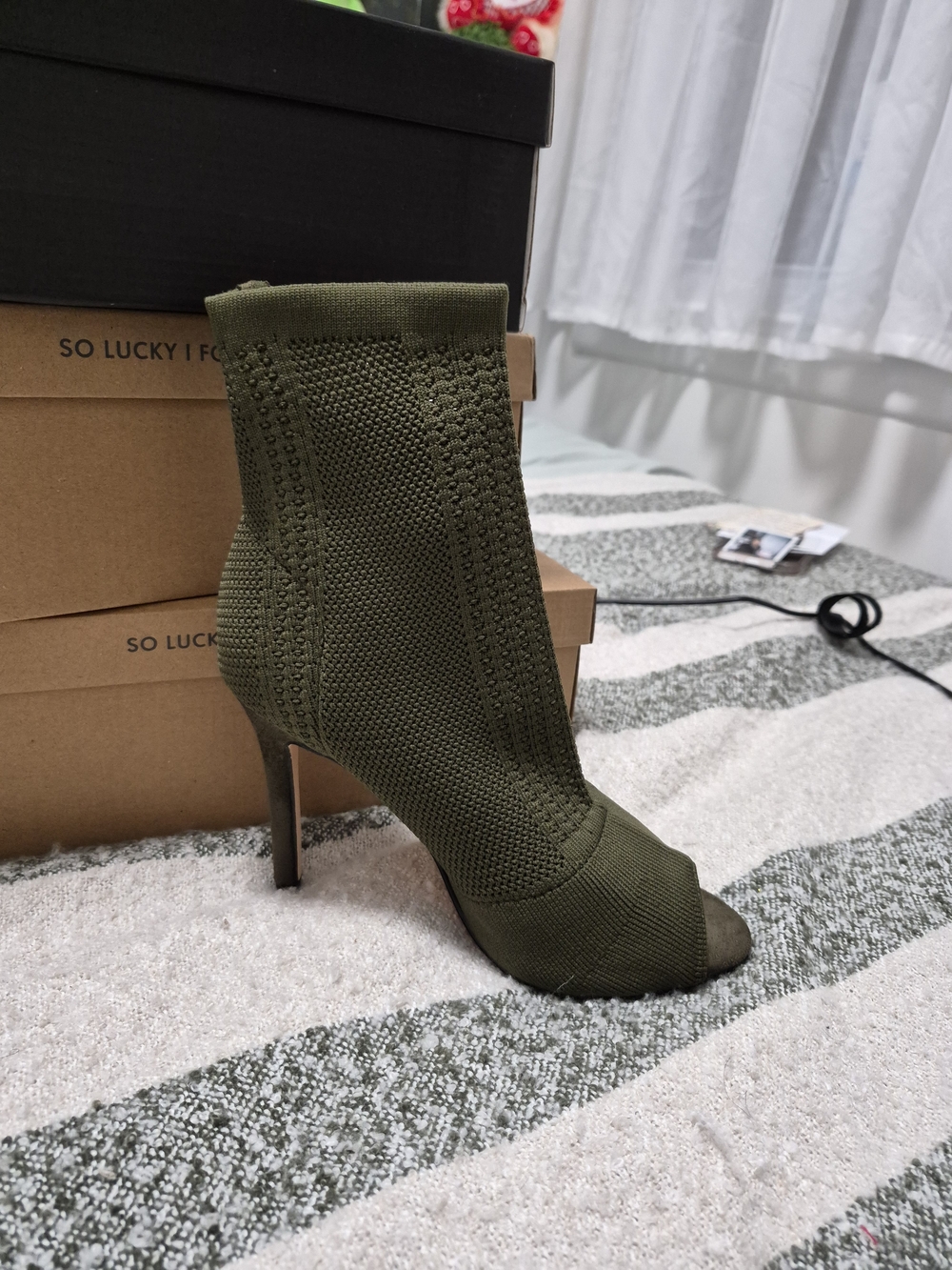 Nicole Miller Olive Knit Peep-Toe Sock Bootie with Stiletto Heel